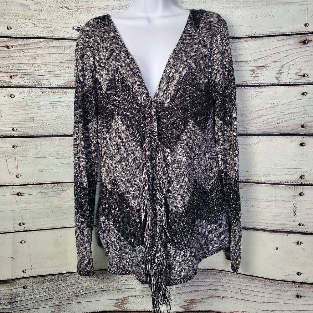 Vanity Women’s Metallic Fringe Open Front Cardigan Sweater Size S Black Silver